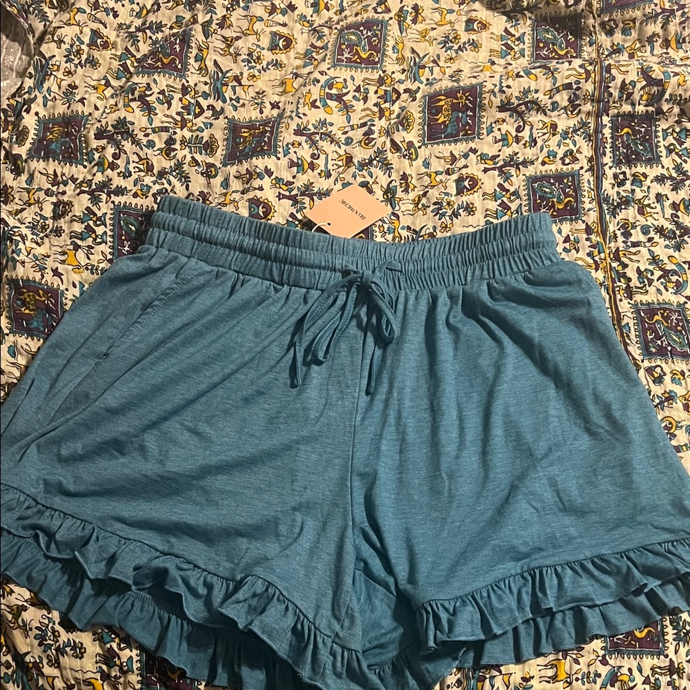 BloomChic Teal Ruffle-Hem High Waist Lounge Shorts